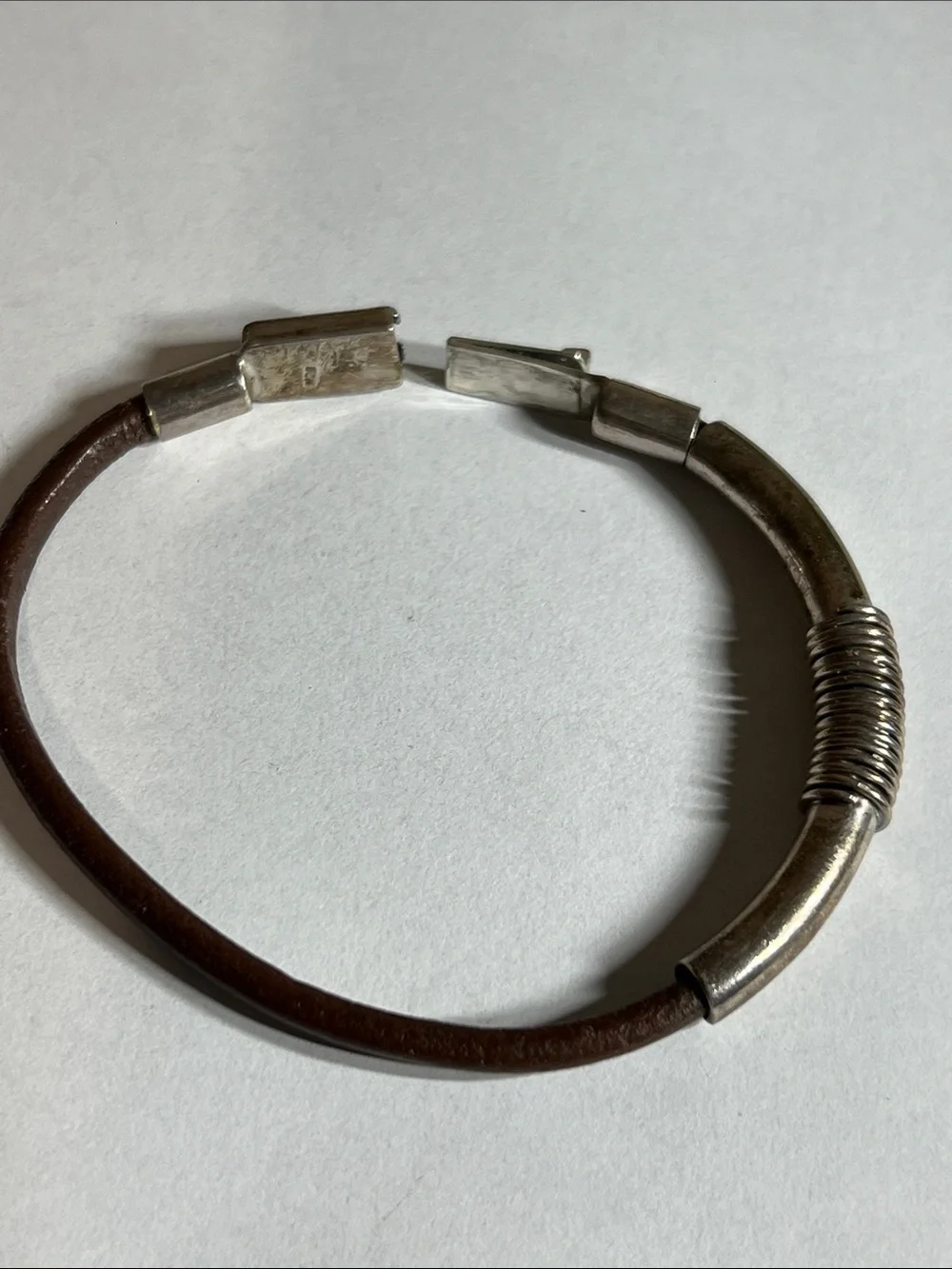 Men’s Brown Leather Bracelet with 925 Silver-Tone Coil Accent